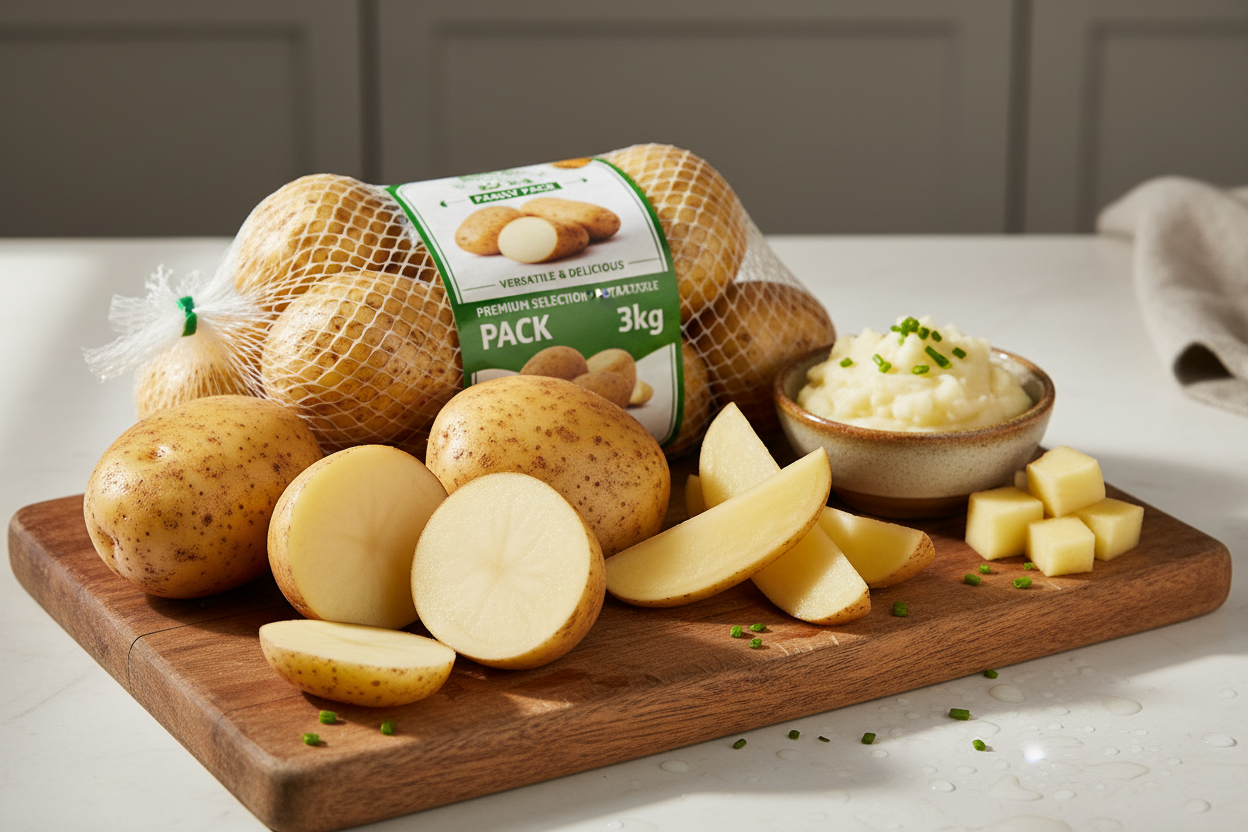 Fresh, quality potatoes perfect for all your cooking needs. Versatile vegetable ideal for curries, fries, mashed potatoes, and more. Clean, sorted, and delivered fresh to your home.

Fresh and firm
Versatile for all recipes
Clean and sorted
3kg family pack