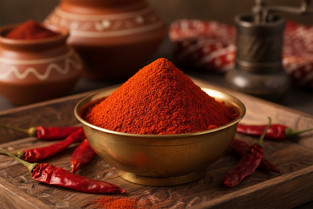 Premium red chilli powder for authentic Indian flavor. Adds perfect heat and vibrant color to your dishes. Made from quality red chillies, freshly ground for maximum flavor and aroma.

Premium quality chillies
Perfect heat level
Vibrant color
Freshly ground