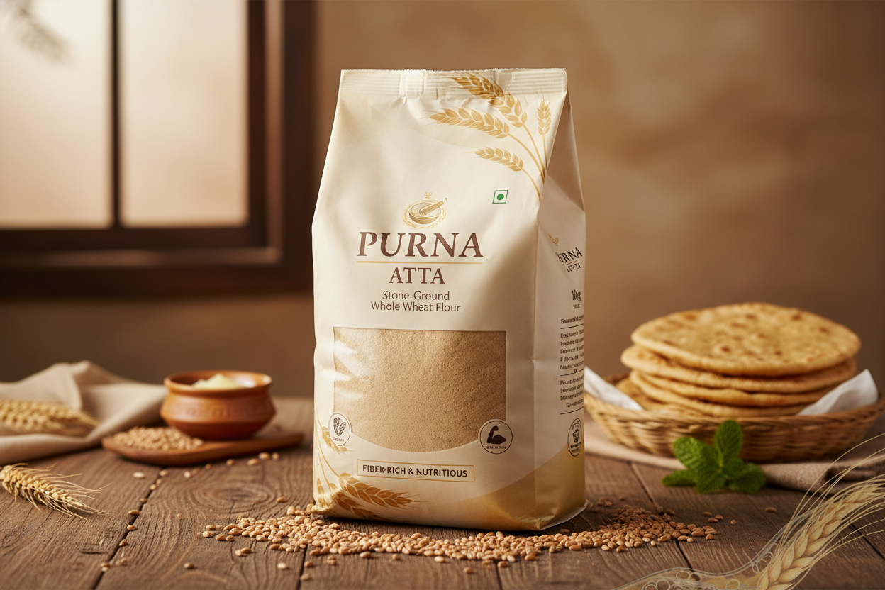 Stone-ground whole wheat flour (atta) made from premium quality wheat grains. Perfect for making soft rotis, parathas, and other Indian breads. Rich in fiber and nutrients for healthy living.

100% whole wheat
Stone-ground for nutrition
High in fiber
10kg bulk pack